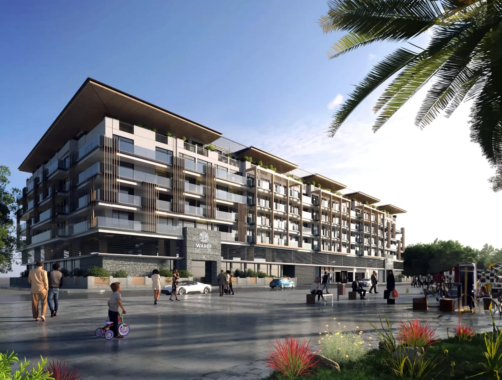 Design render of WAREF Residences at Jumeirah Village Circle, showing the entrance signage and the timber-screened balconies